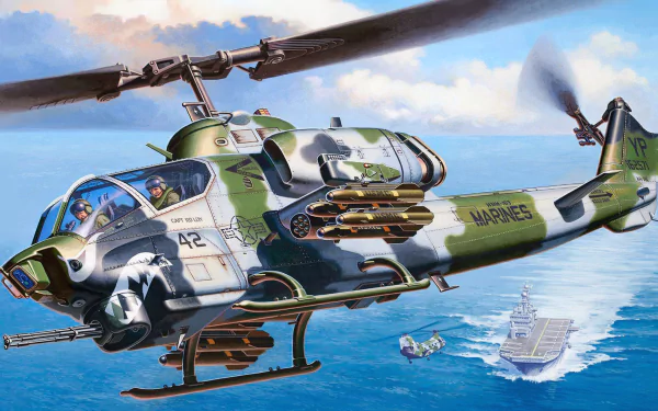 HD PC desktop wallpaper featuring a Bell AH-1 Cobra attack helicopter flying over the ocean near a military ship, showcasing detailed military aircraft design.