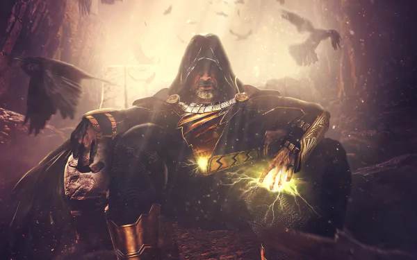 Dwayne Johnson as Black Adam from DC Comics, depicted in a dark, powerful pose with glowing energy, featured in a 4K Ultra HD movie-inspired desktop wallpaper.