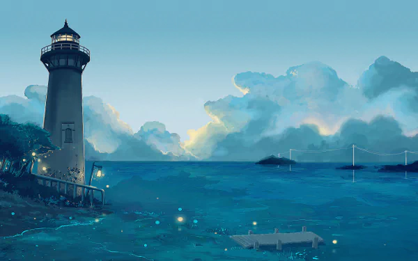 Artistic 4K Ultra HD PC desktop wallpaper: a glowing lighthouse on a rocky shore at dusk, calm teal sea with a small boat and distant islands beneath a dramatic cloudscape.