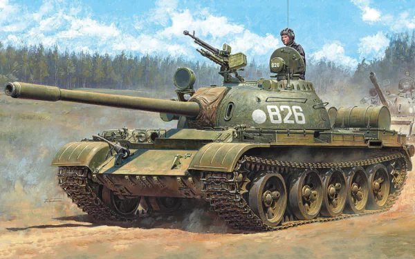 HD desktop wallpaper of a T-55 military tank driving on a dirt road with a soldier visible in the turret against a cloudy sky and forest background.