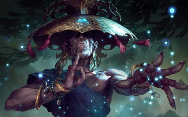 HD PC desktop wallpaper featuring a mystical character from the video game Legends of Runeterra surrounded by glowing blue orbs in a dark, enchanted forest setting.