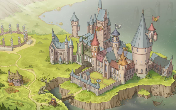 HD desktop wallpaper featuring an animated Hogwarts Castle from the Harry Potter movies, set on a cliff with surrounding landscape and magical elements.