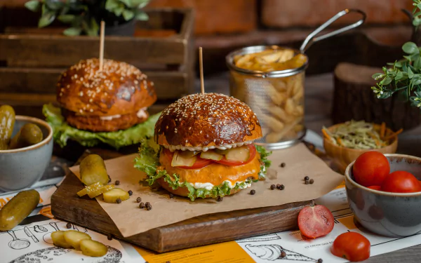still life tomato pickle food burger HD Desktop Wallpaper | Background Image
