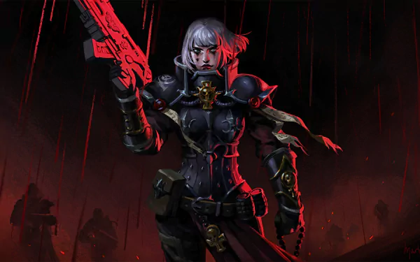 HD desktop wallpaper featuring a short white-haired Sisters of Battle warrior from Warhammer 40k, armed with a large futuristic gun in a dark, intense video game setting.