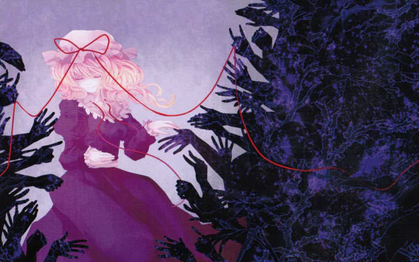 HD PC desktop wallpaper featuring Maribel Hearn from the Touhou anime, with a red thread connecting her to shadowy hands amidst a dark, eerie background.