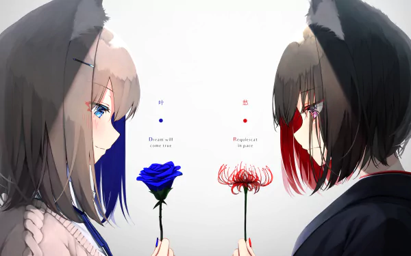 Anime-style wallpaper featuring two characters with animal ears and contrasting eye colors: one with blue eyes and black hair holding a blue rose, the other with red eyes and black hair with a red flower.
