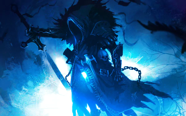 Dark warrior in a hooded cloak grips a glowing sword and chained weapon amid swirling blue mist — 2K Quad HD PC desktop wallpaper/background.