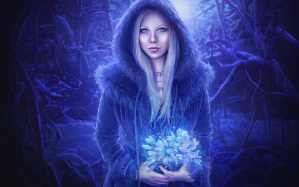 Woman in Winter Forest Holding Blue Flowers by IvannaDark