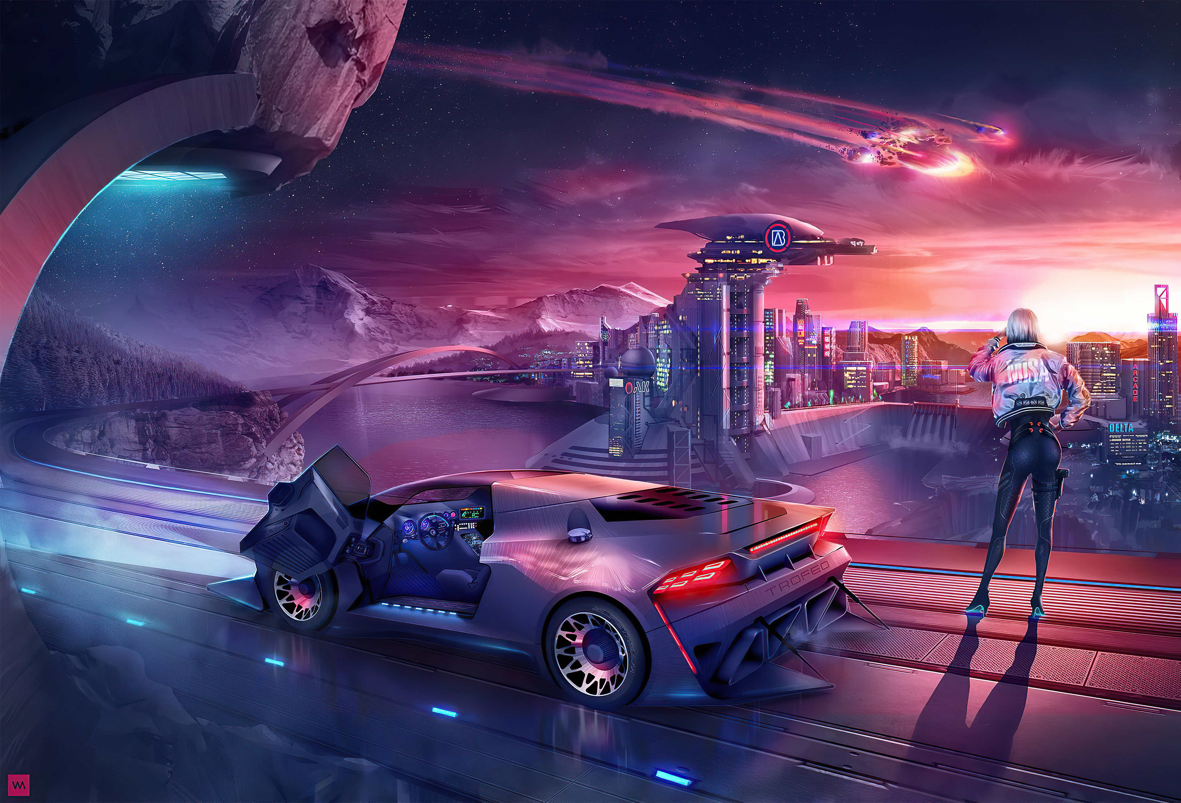 Download wallpaper 1366x768 city, car, bridge, futurism, cyberpunk, sci-fi  tablet, laptop hd background