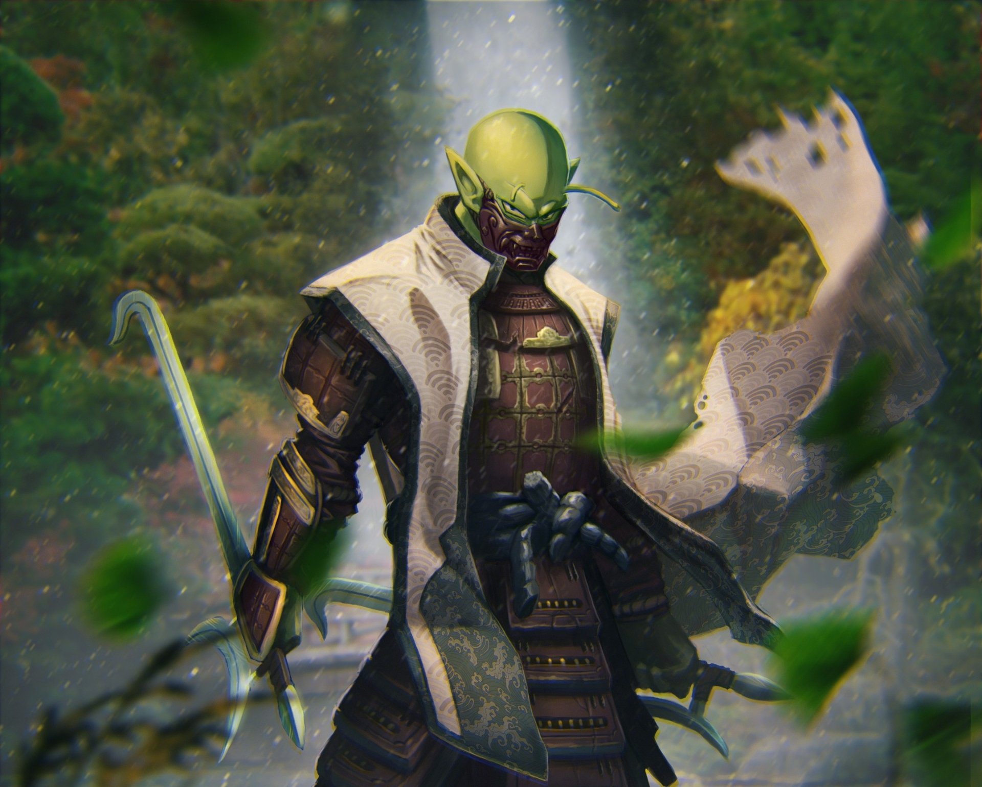 HD PC desktop wallpaper featuring Piccolo from Dragon Ball in detailed anime style, set against a lush, mystical forest background.