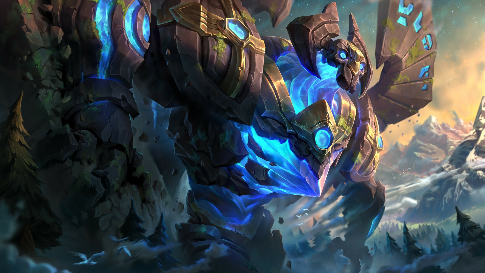 HD PC desktop wallpaper of Galio from the video game League of Legends — a towering stone sentinel glowing with blue magic, striding over a shattered battlefield.