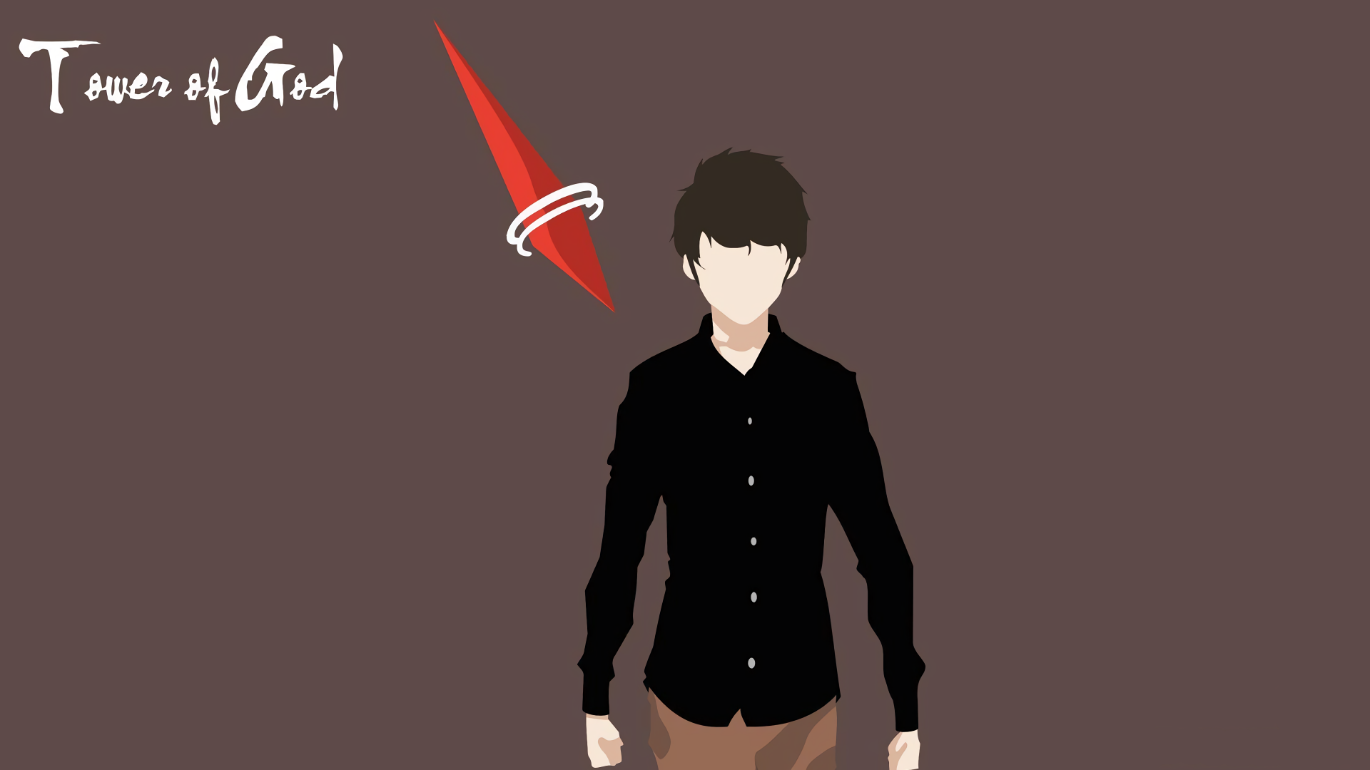 Minimalist 8K Ultra HD PC wallpaper of Twenty-Fifth Baam from the anime Tower of God, featuring a faceless character with a red arrow above his head.