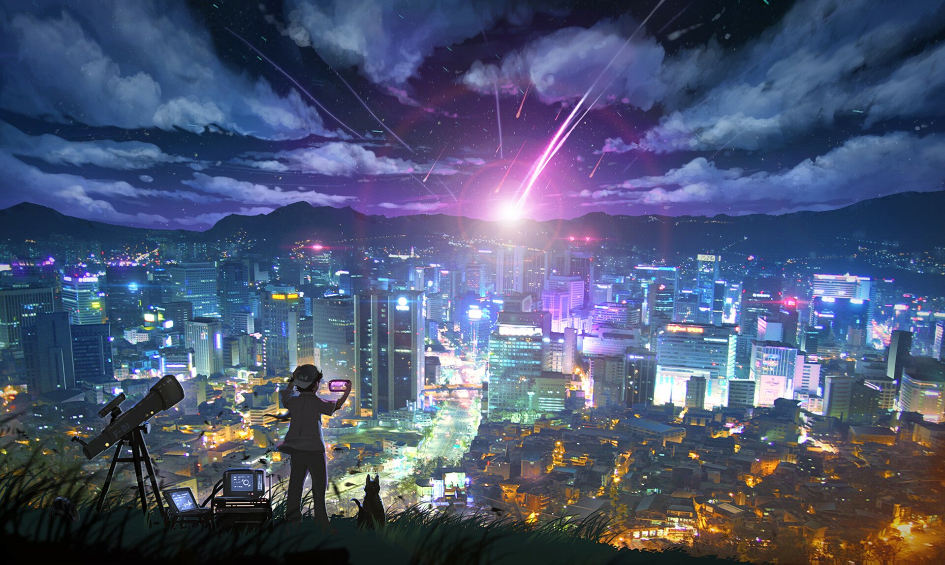 A sci-fi cityscape at night with futuristic buildings, a telescope, and a cat observing a bright celestial event, rendered as an HD PC desktop wallpaper background.