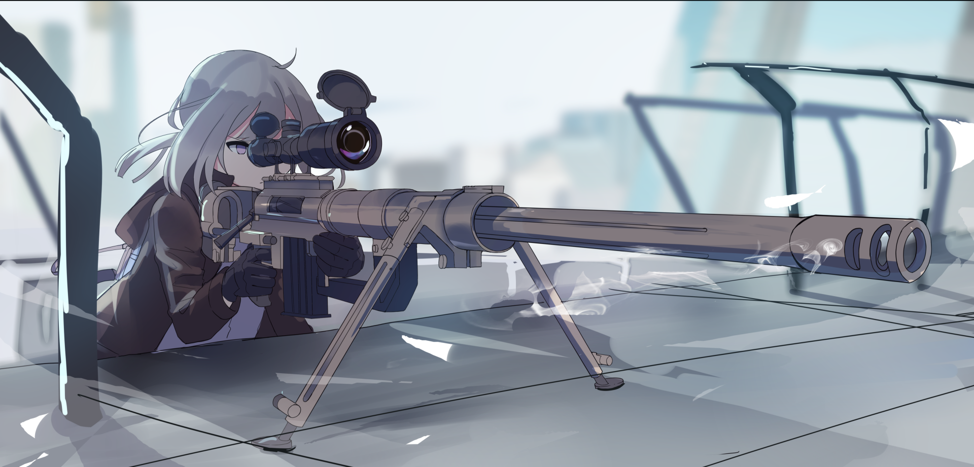 M200 from Girls Frontline aims through a high-powered sniper rifle in this 4K Ultra HD PC desktop wallpaper inspired by the video game Girls Frontline.
