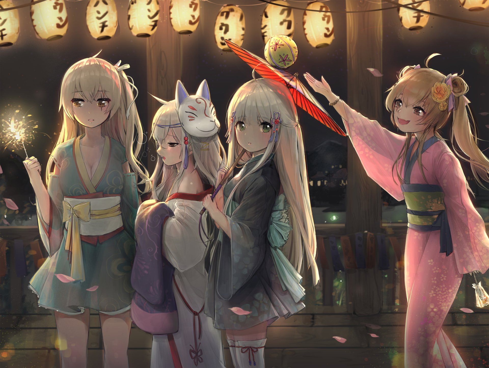 4K Ultra HD PC wallpaper of UMP45, UMP9, HK416 and G11 from Girls' Frontline in summer kimonos at a lantern-lit festival, posing with sparklers, a fox mask and a red umbrella.