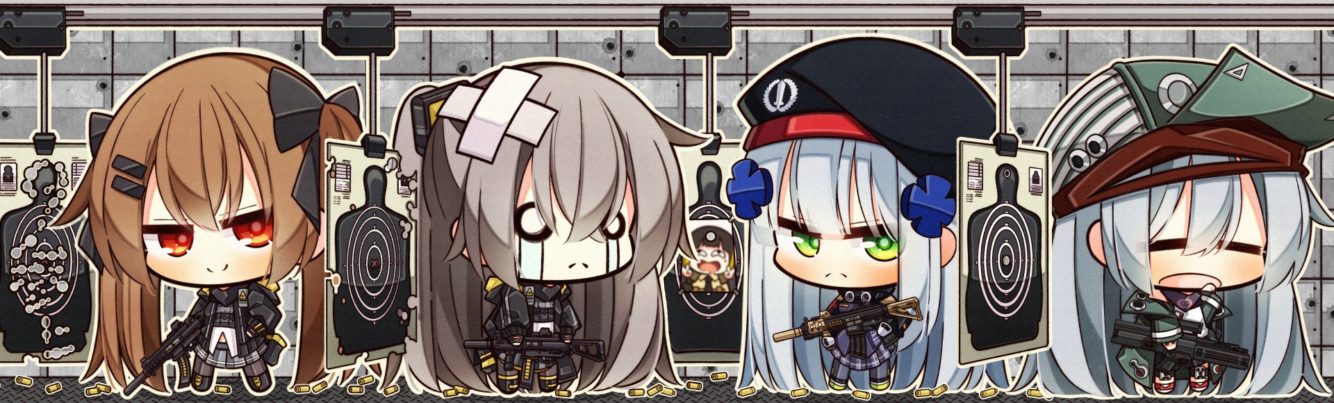 Chibi Girls' Frontline T-Dolls from the video game — M16A1, UMP9, G11, UMP45, HK416 — posed in a shooting range, stylized 4K Ultra HD PC desktop wallpaper and background.