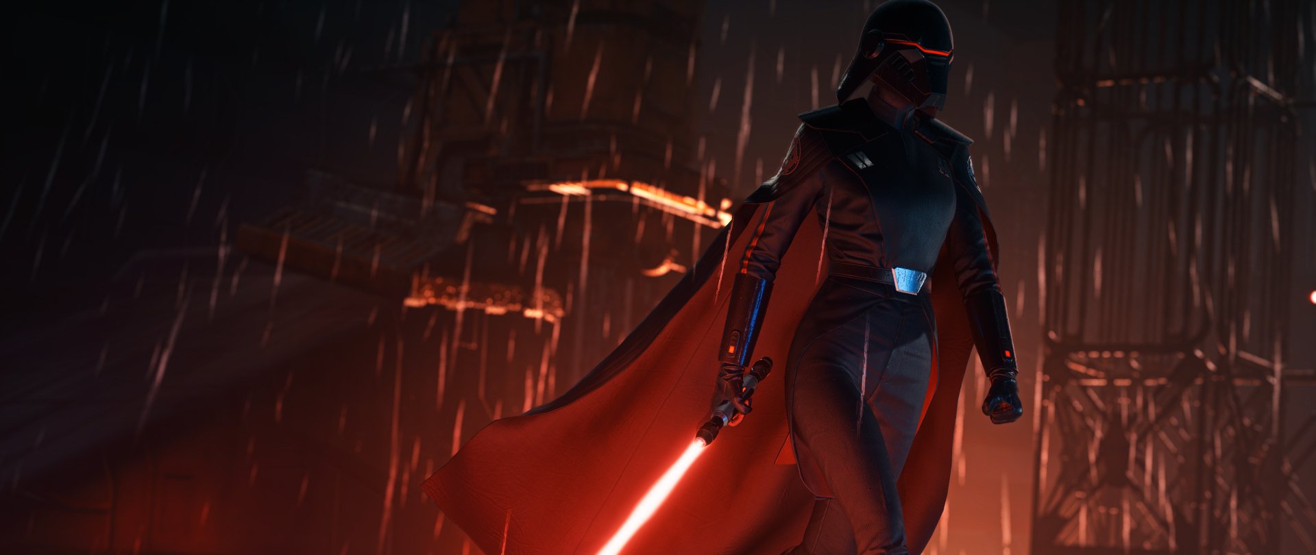 The Second Sister from Star Wars Jedi: Fallen Order stands wielding a red lightsaber in the rain, captured in a dramatic 4K Ultra HD video game wallpaper.