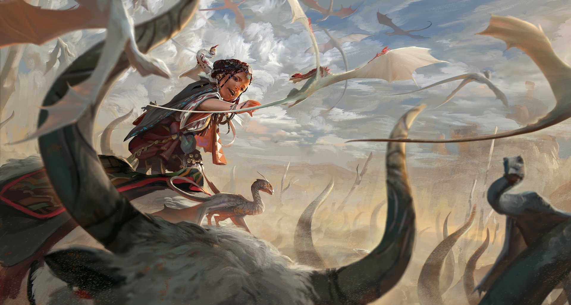 Fantasy HD PC desktop wallpaper and background: a warrior crouches on a dragon's horn while flocks of winged creatures swirl beneath a dramatic, cloud-filled sky.