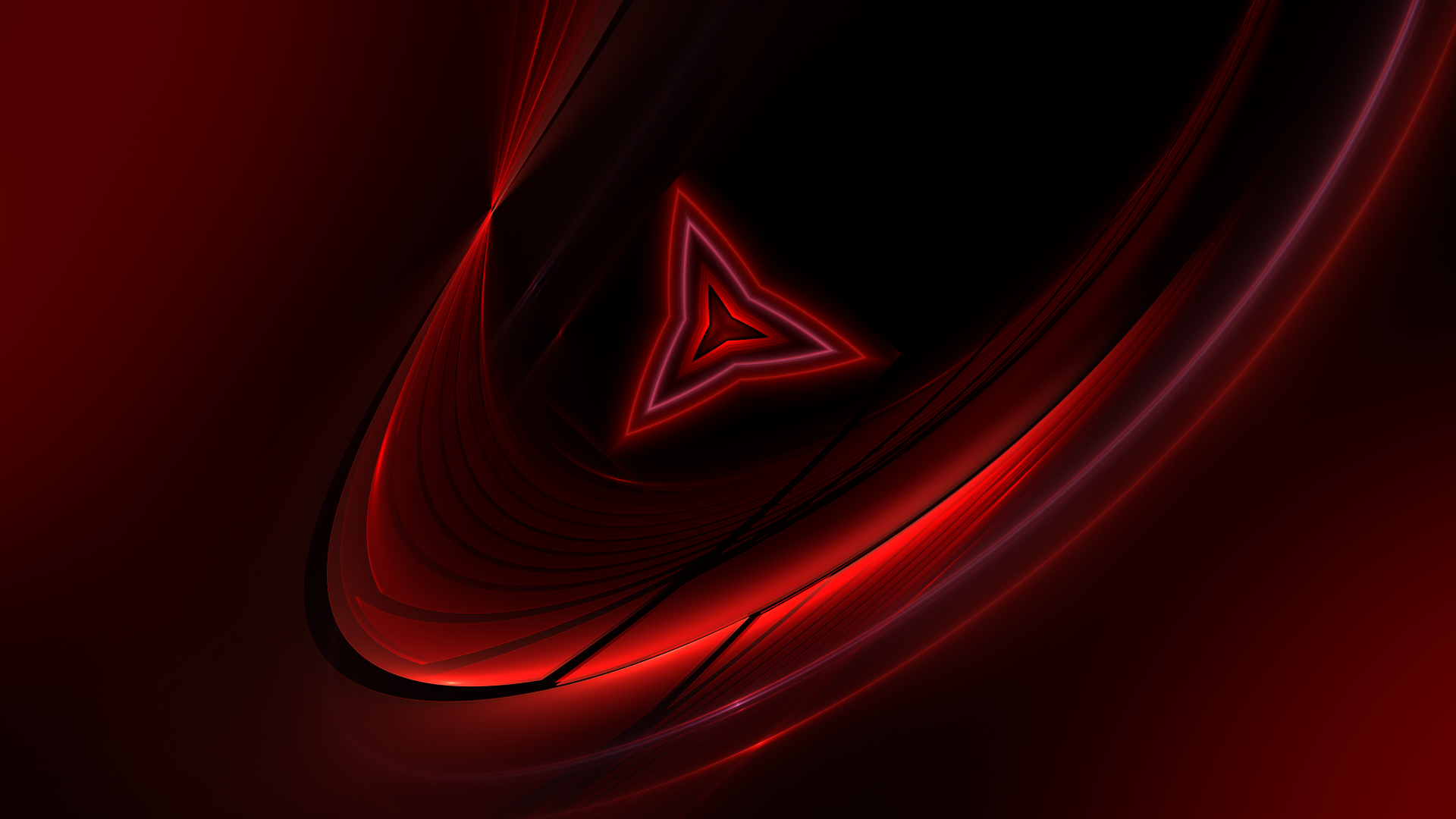 Abstract red triangular shape with glowing curved lines on a dark background, designed as a 4K Ultra HD PC desktop wallpaper and background.