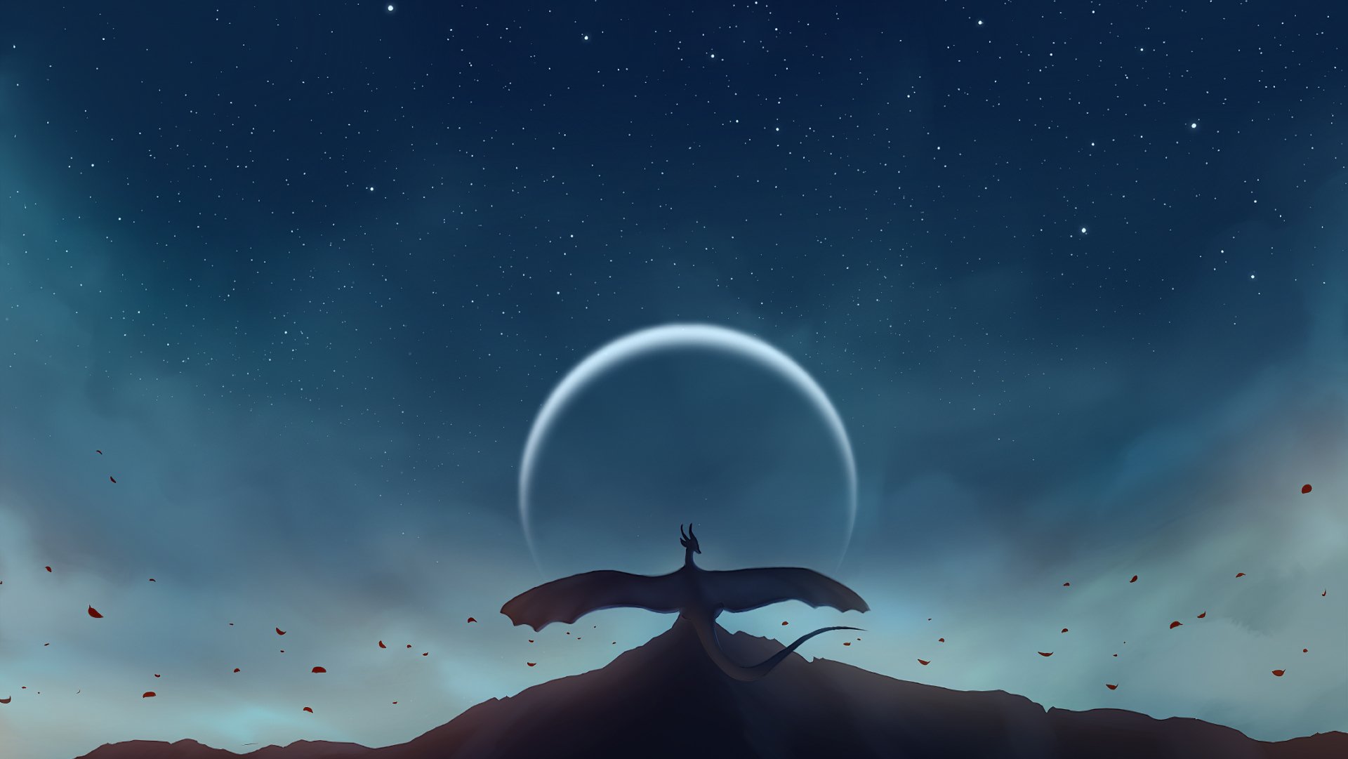 4K Ultra HD fantasy PC desktop wallpaper and background showing a dragon silhouette with outstretched wings atop a ridge beneath a glowing crescent moon and star-filled sky.