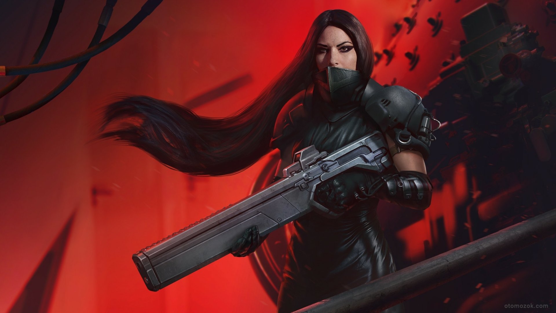 Sci-fi woman warrior with long black hair and a face mask, wielding a heavy futuristic weapon against a red, high-contrast backdrop — HD PC desktop wallpaper and background.