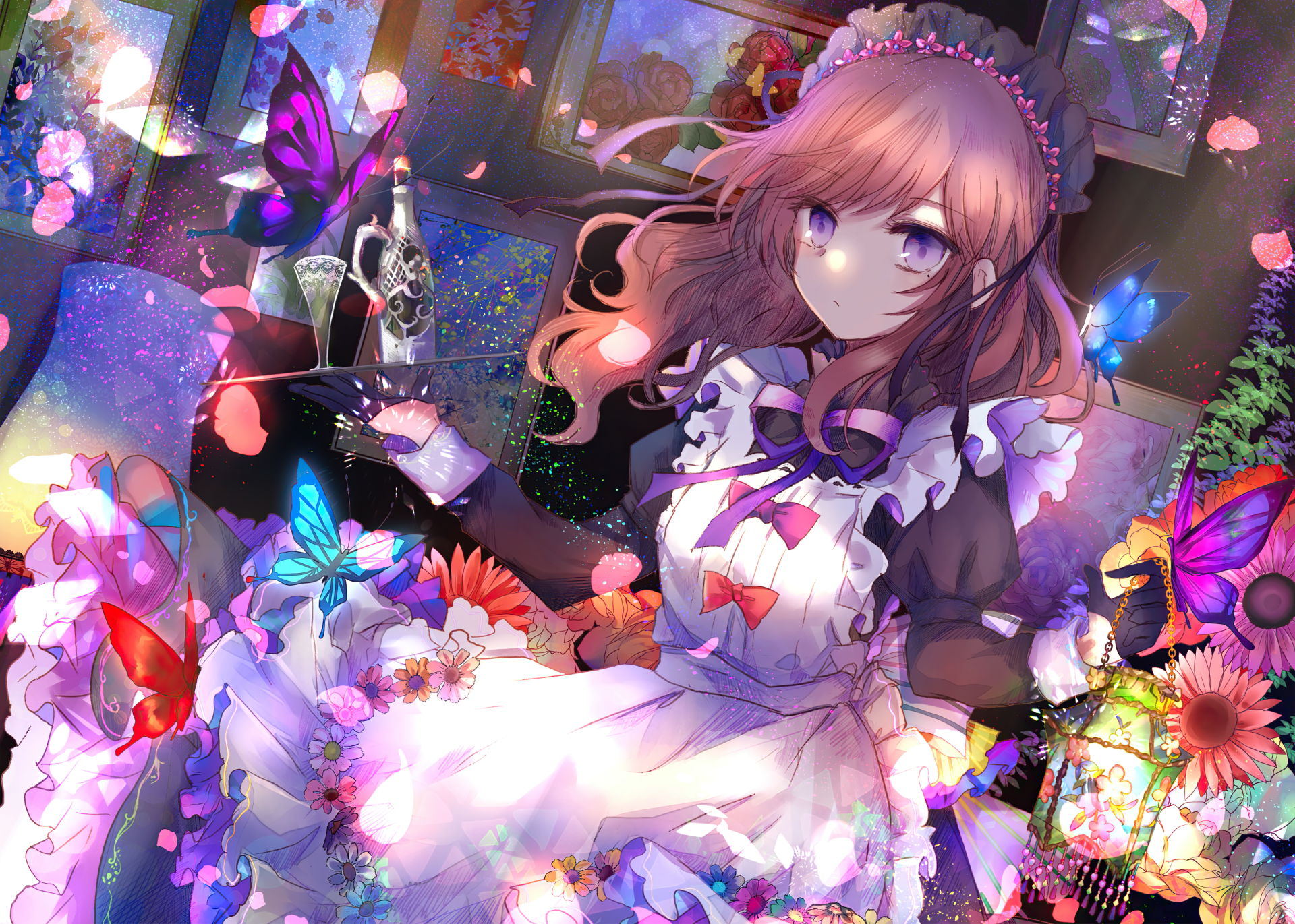 Butterfly-themed anime original 2K Quad HD PC desktop wallpaper: a dreamy maid in a ruffled dress surrounded by glowing butterflies, flowers and sparkling lights in pastel and jewel tones.