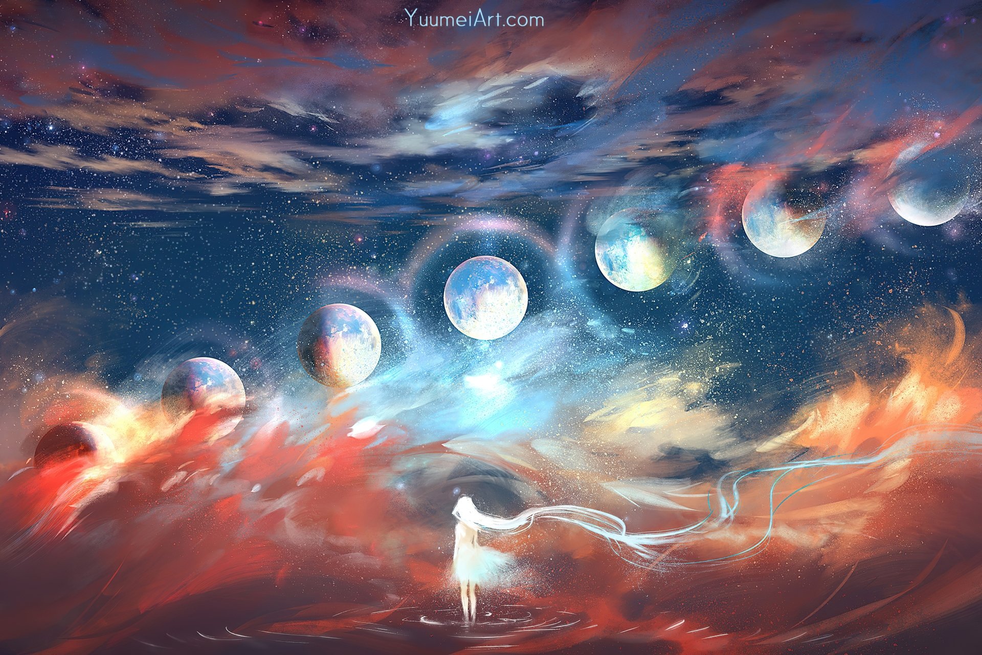 HD desktop wallpaper featuring an original anime art with a starry sky and multiple planets. A mystical figure stands beneath the vibrant cosmos.