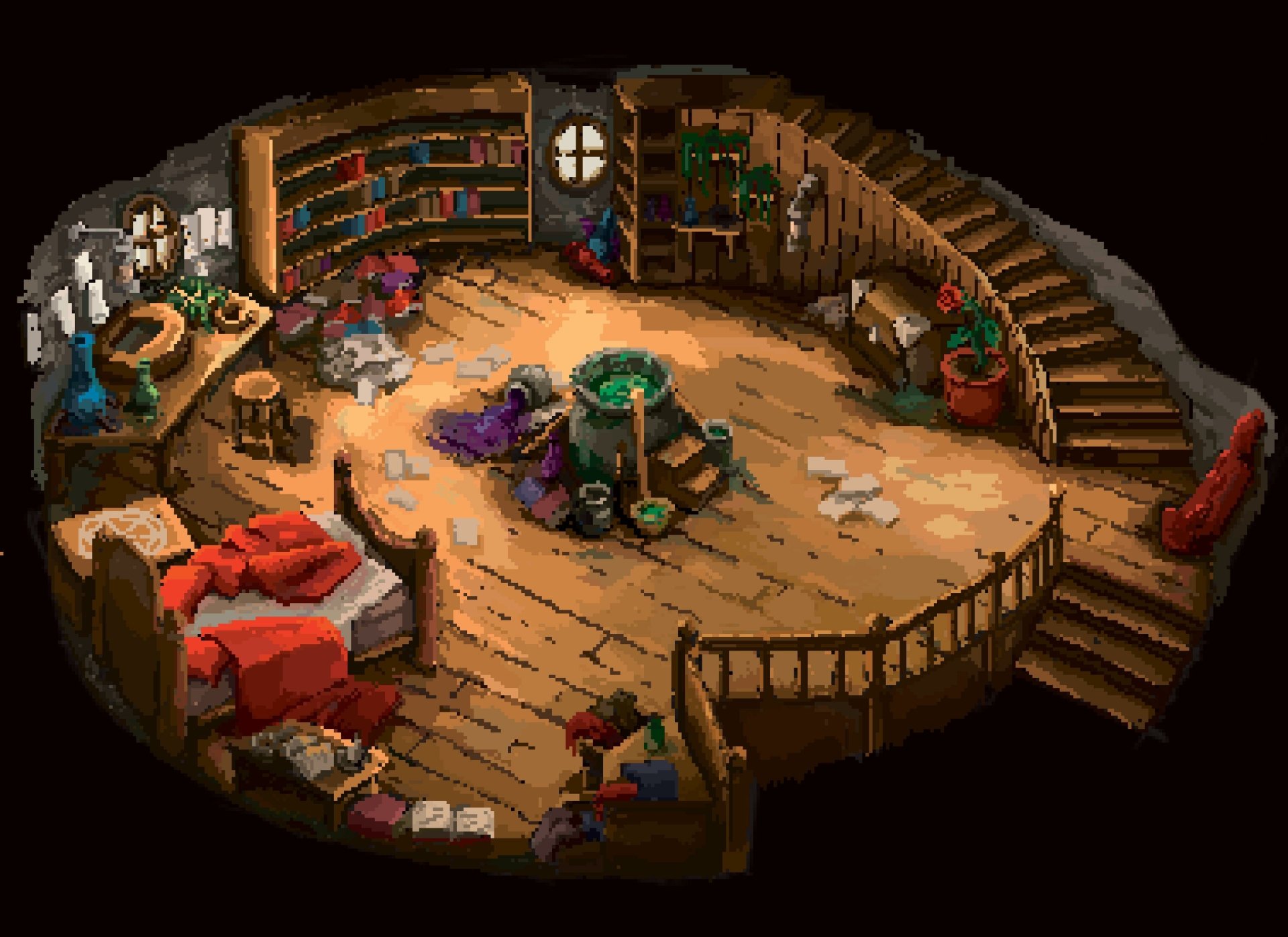An artistic pixel art depiction of a cozy, circular room filled with books, plants, and a mystical central area, designed as a 4K Ultra HD PC desktop wallpaper.