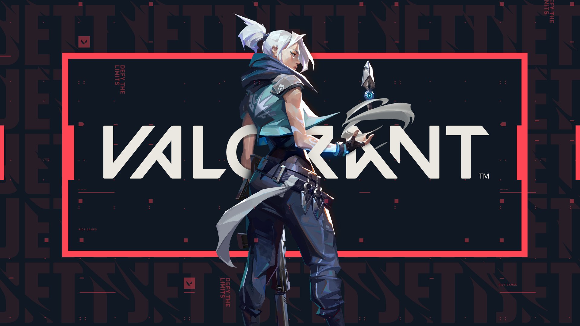 Jett (Valorant) stands with knives and wind effects before a bold VALORANT logo — 4K Ultra HD PC desktop wallpaper and video game background.