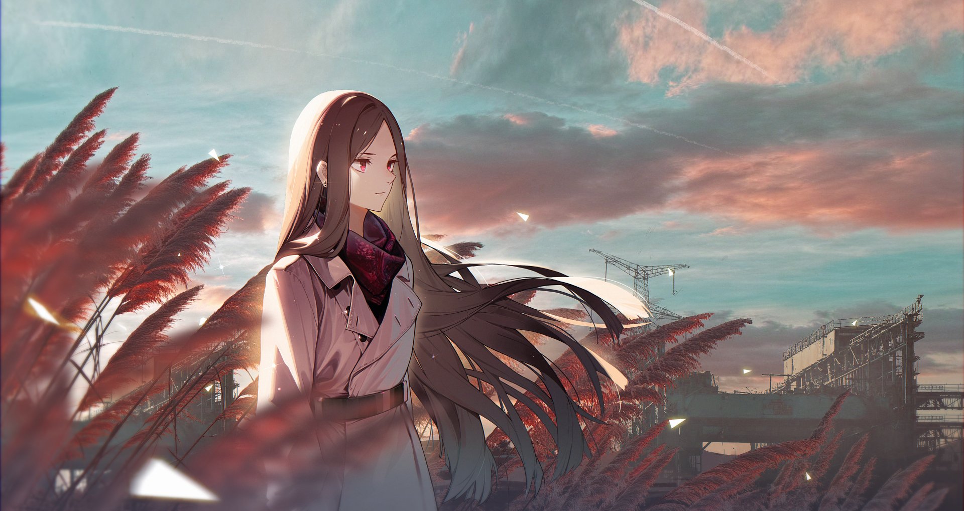 Anime-style original artwork of a long-haired character standing amidst tall grasses at sunset, rendered in vibrant 4K Ultra HD quality for PC desktop wallpaper.