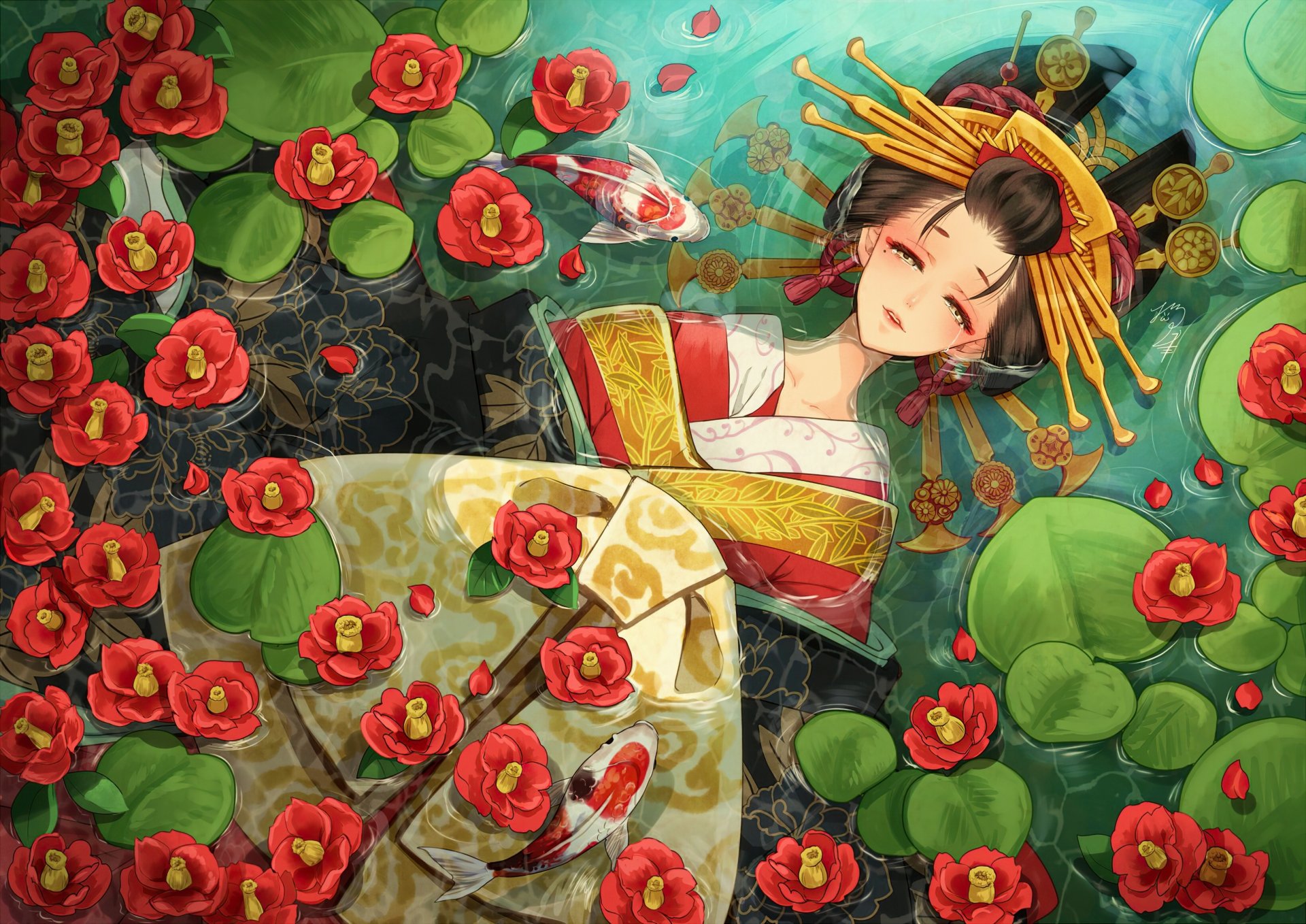 Anime geisha in an ornate kimono with golden hairpins floats among red camellia blossoms and green lily pads — vibrant 2K Quad HD PC desktop wallpaper and background.
