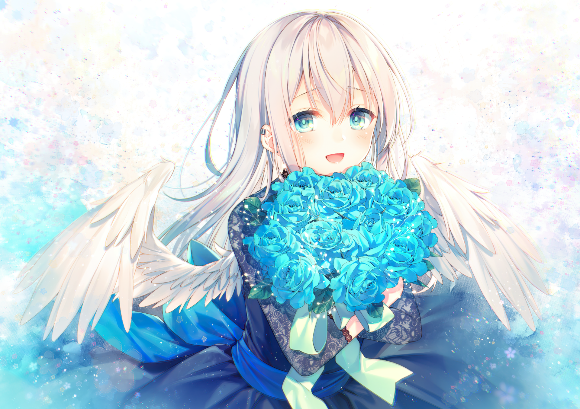 HD anime desktop wallpaper featuring a gentle anime angel with white wings holding a vibrant bouquet of blue flowers against a soft pastel background.