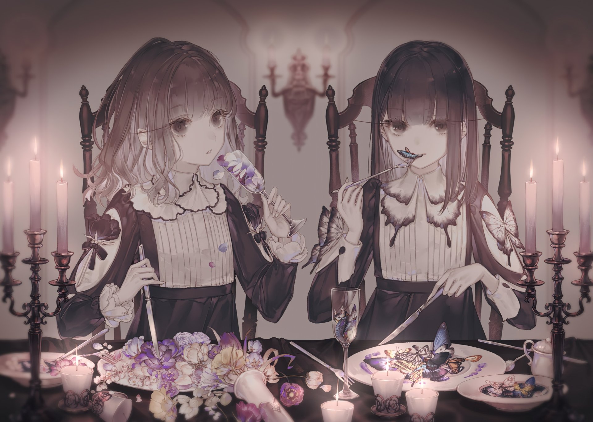 HD anime desktop wallpaper featuring two anime girls dining elegantly by candlelight with a gothic, vintage atmosphere.