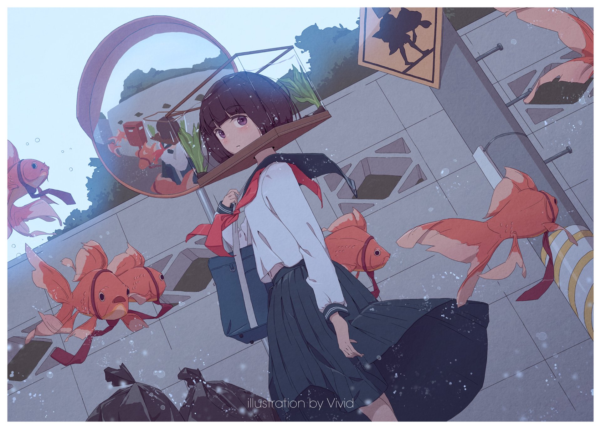 HD anime original PC desktop wallpaper featuring a girl in a school uniform surrounded by floating goldfish and reflective urban elements.