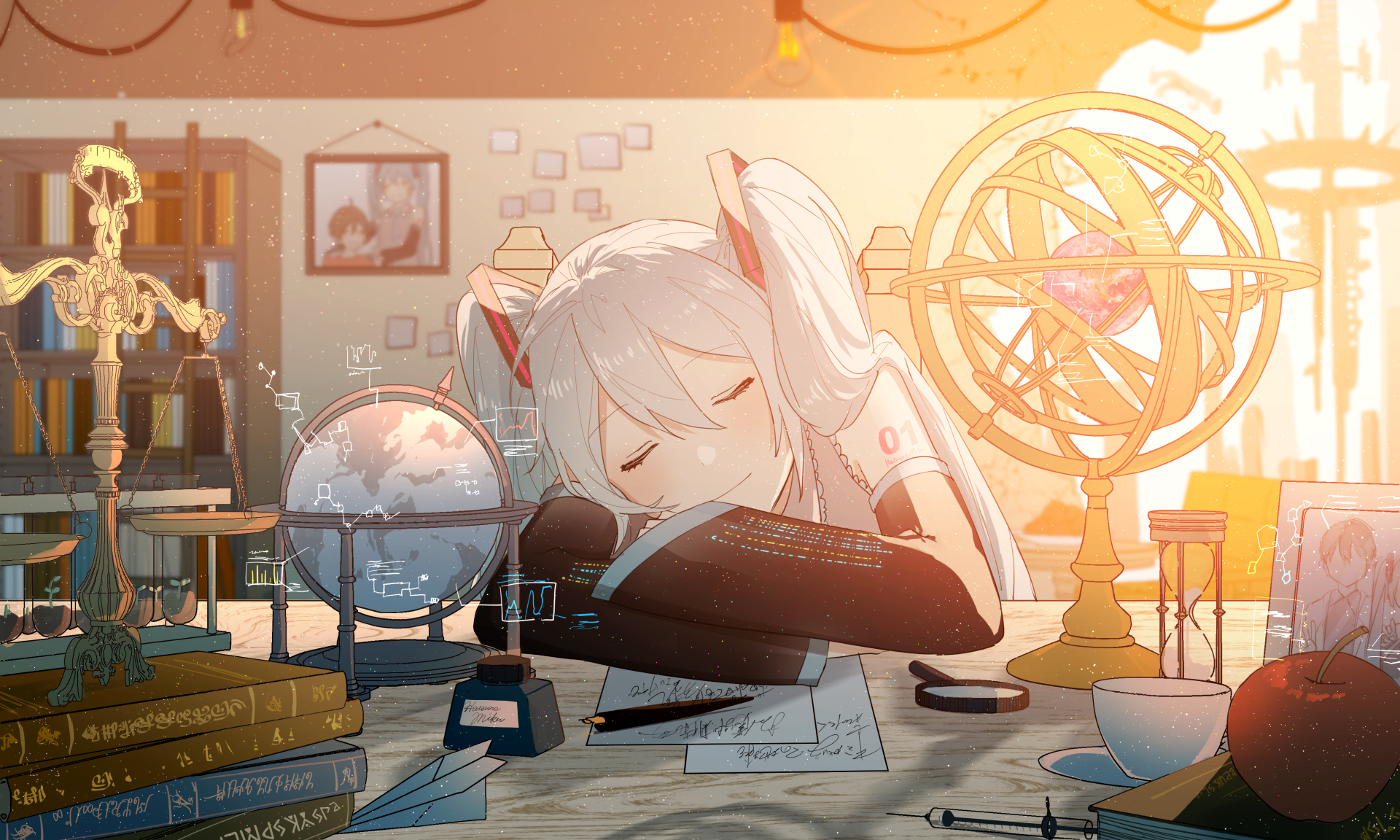 A 4K Ultra HD anime wallpaper of Hatsune Miku from Vocaloid, depicted asleep on a desk surrounded by scientific instruments and books in a warmly lit room.
