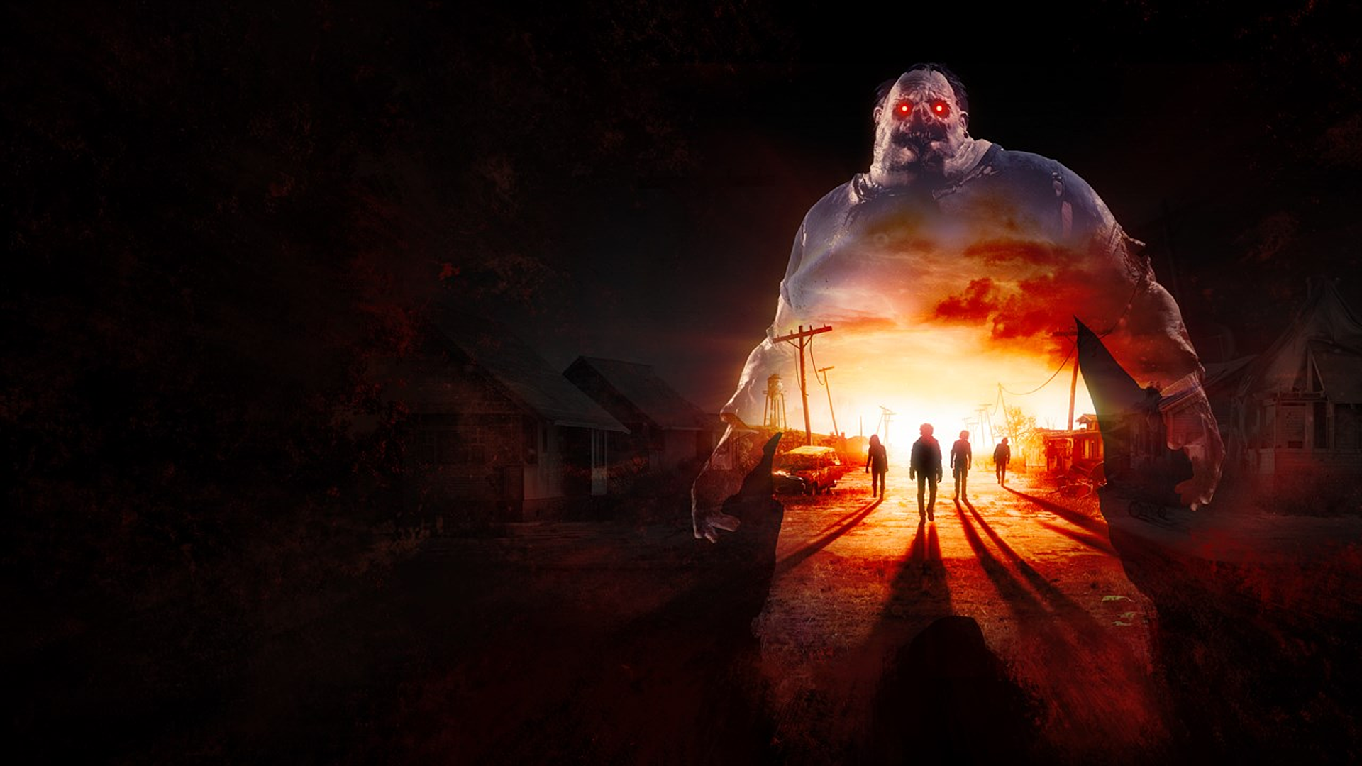 HD PC desktop wallpaper from the video game State of Decay 2, featuring silhouetted survivors against a fiery sunset with a looming zombie figure in the background.