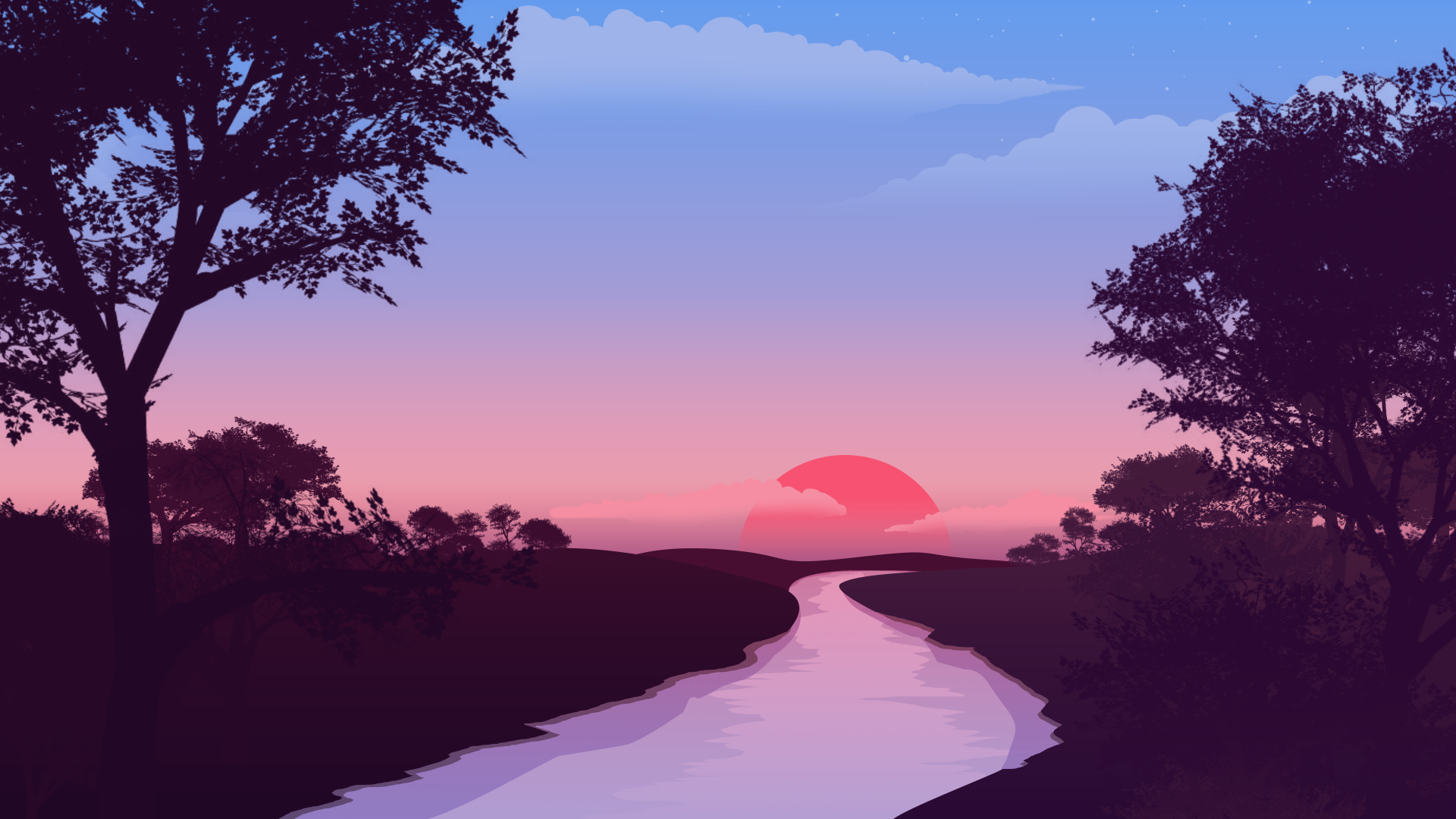 4K Ultra HD PC desktop wallpaper and background: artistic pink sunset over a winding river, silhouetted trees frame a glowing sun on the horizon.