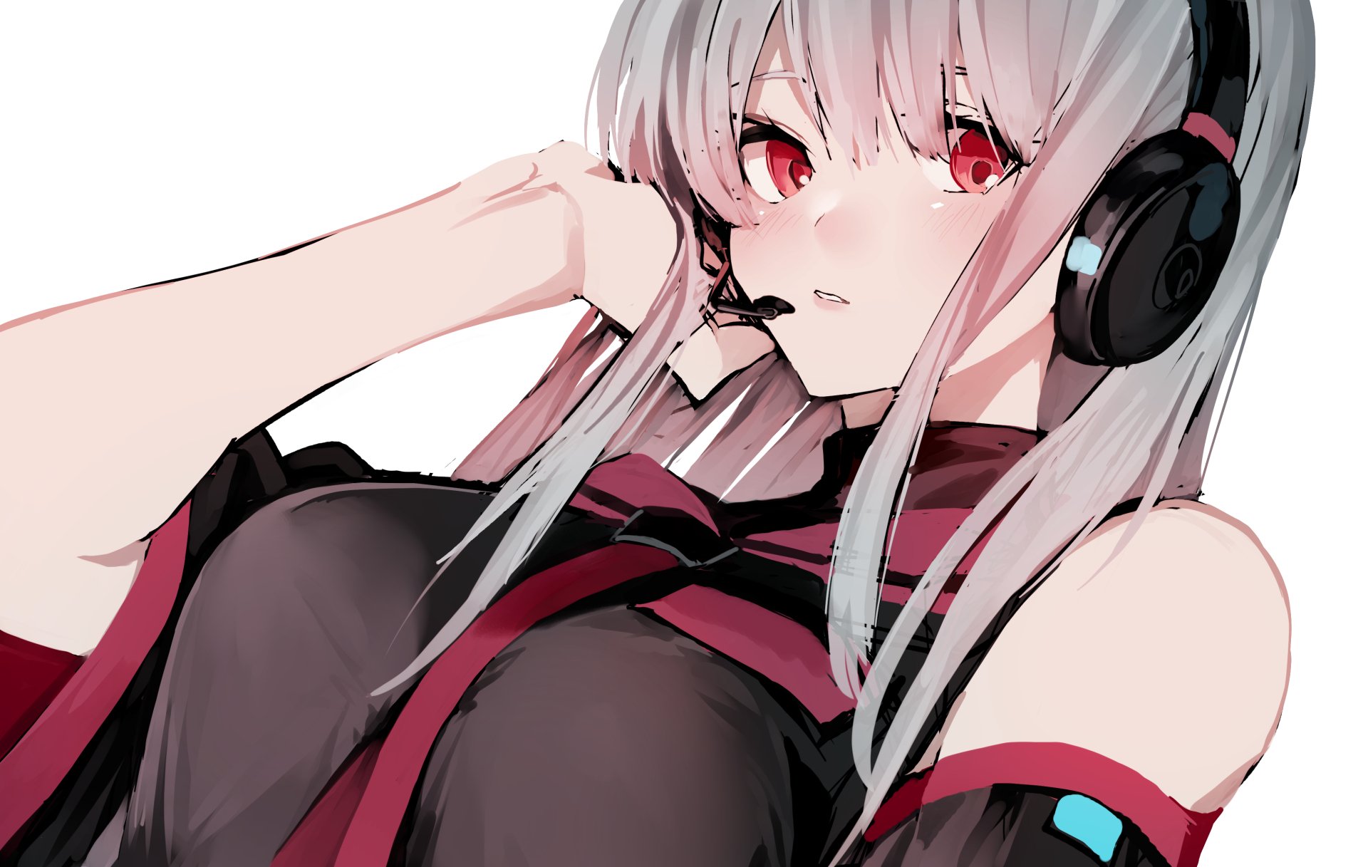 Sukone Tei, anime Utau character with silver hair, red eyes and headset in a close-up, 2K Quad HD PC desktop wallpaper background.