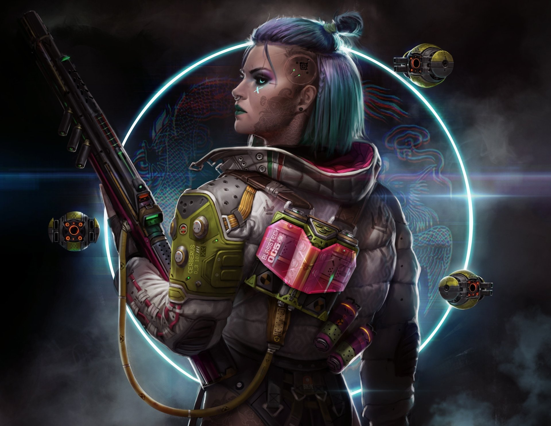 Futuristic cyberpunk cyborg with tattoos and advanced weaponry, set against a glowing sci-fi backdrop, designed as a vivid HD PC desktop wallpaper.