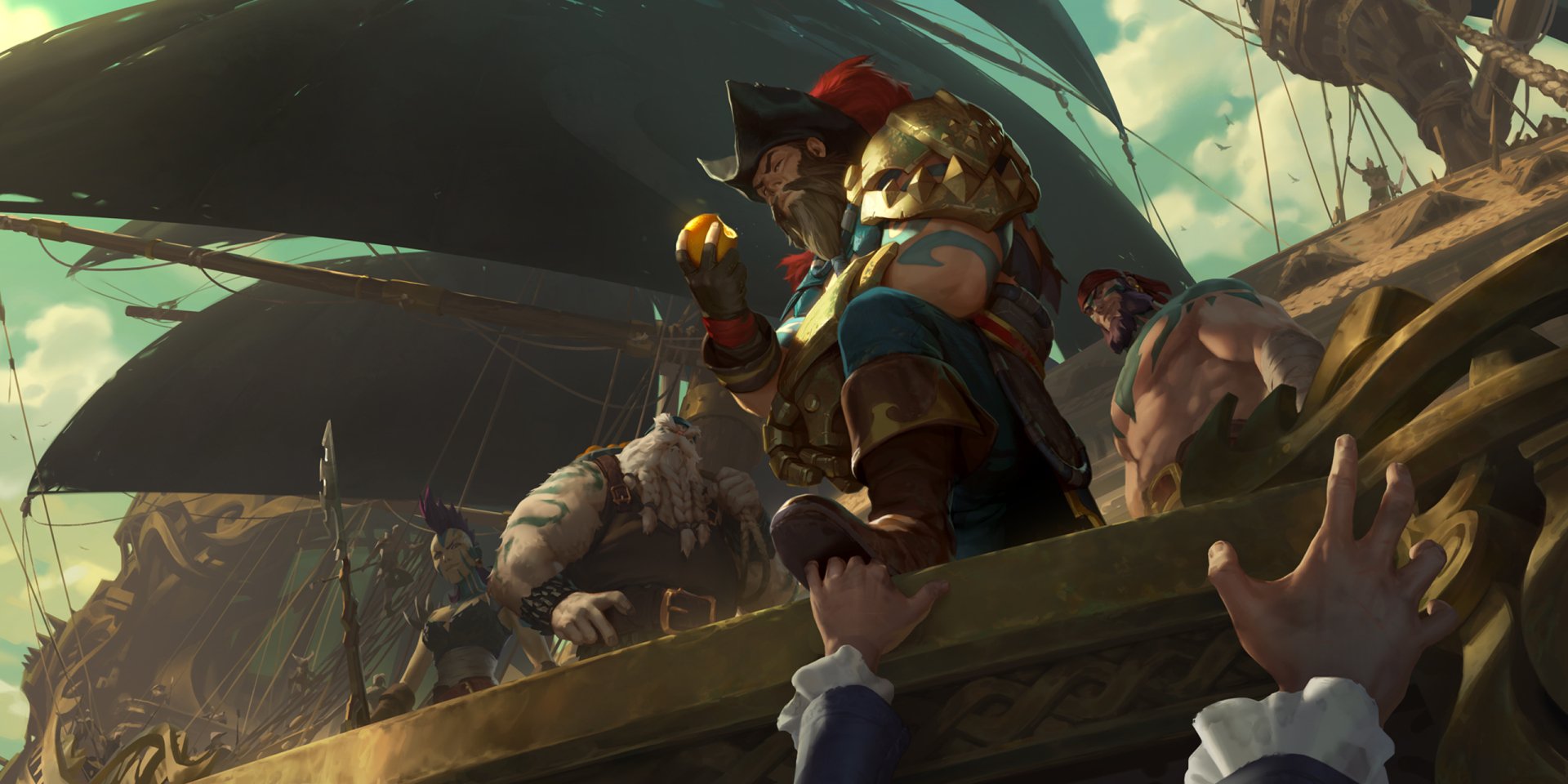HD PC desktop wallpaper featuring Gangplank from League of Legends in Bilgewater, set in the Legends of Runeterra universe, with dynamic pirate-themed action and dramatic lighting.