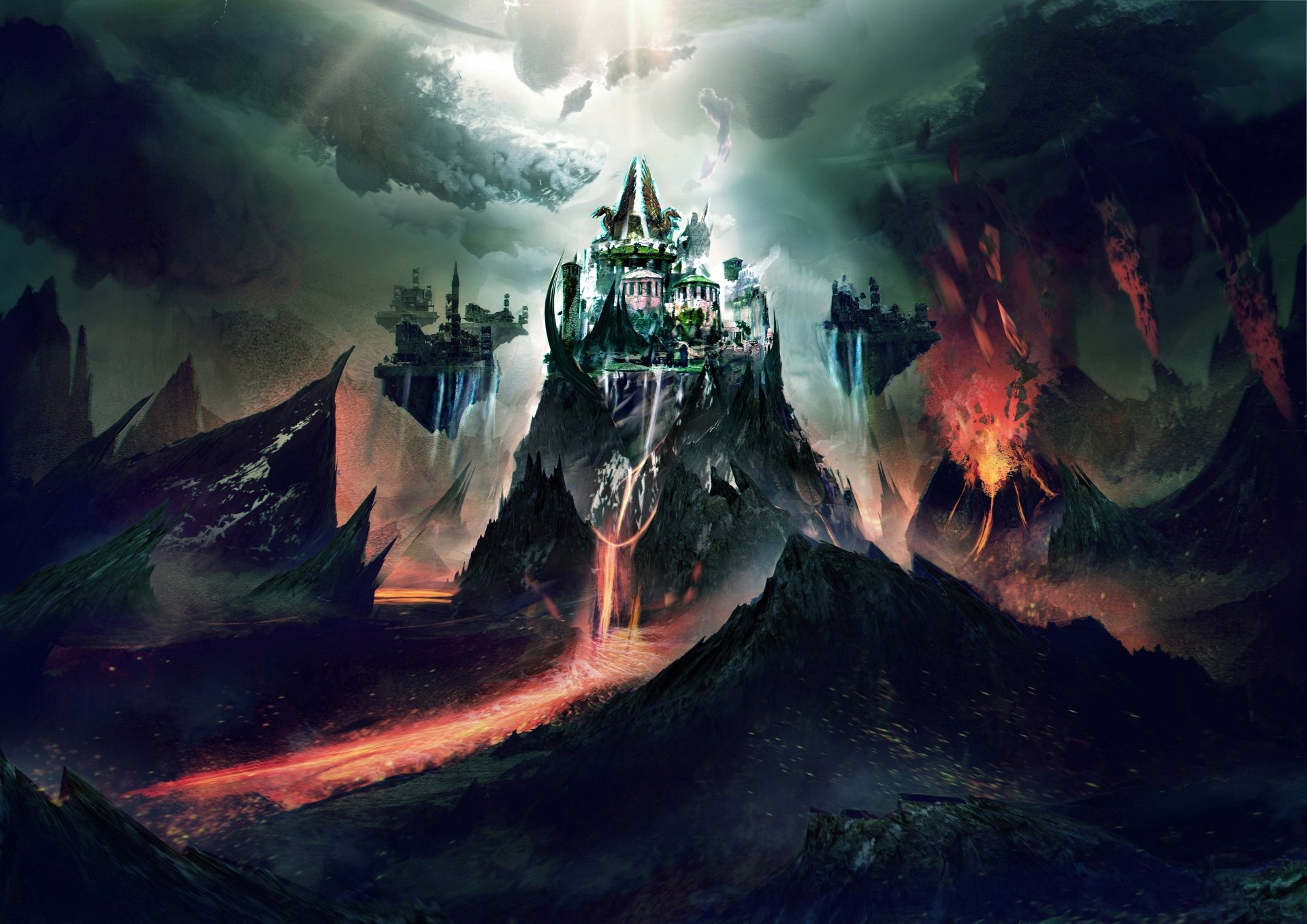 8K Ultra HD PC desktop wallpaper and background: a fantasy castle atop a volcanic spire, glowing runes and lava rivers, floating battlements beneath stormy, aurora-lit skies.