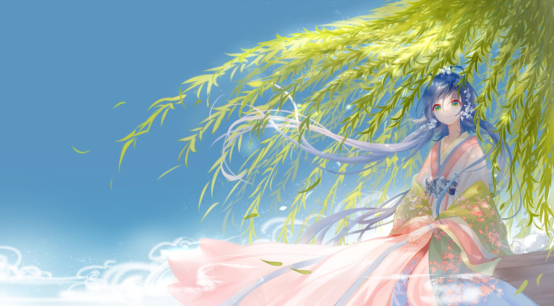 HD PC desktop wallpaper featuring Luo Tianyi, an anime-style Vocaloid, standing gracefully beneath flowing willow branches against a clear blue sky.