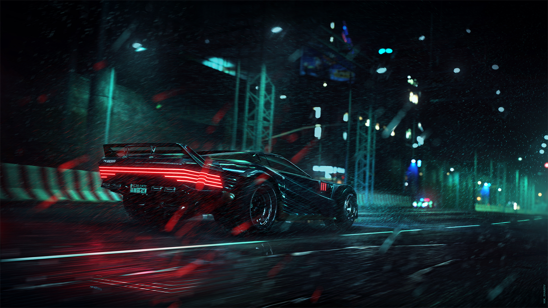 Futuristic sci-fi vehicle racing through a neon-lit cityscape at night, captured in a dynamic HD PC desktop wallpaper.