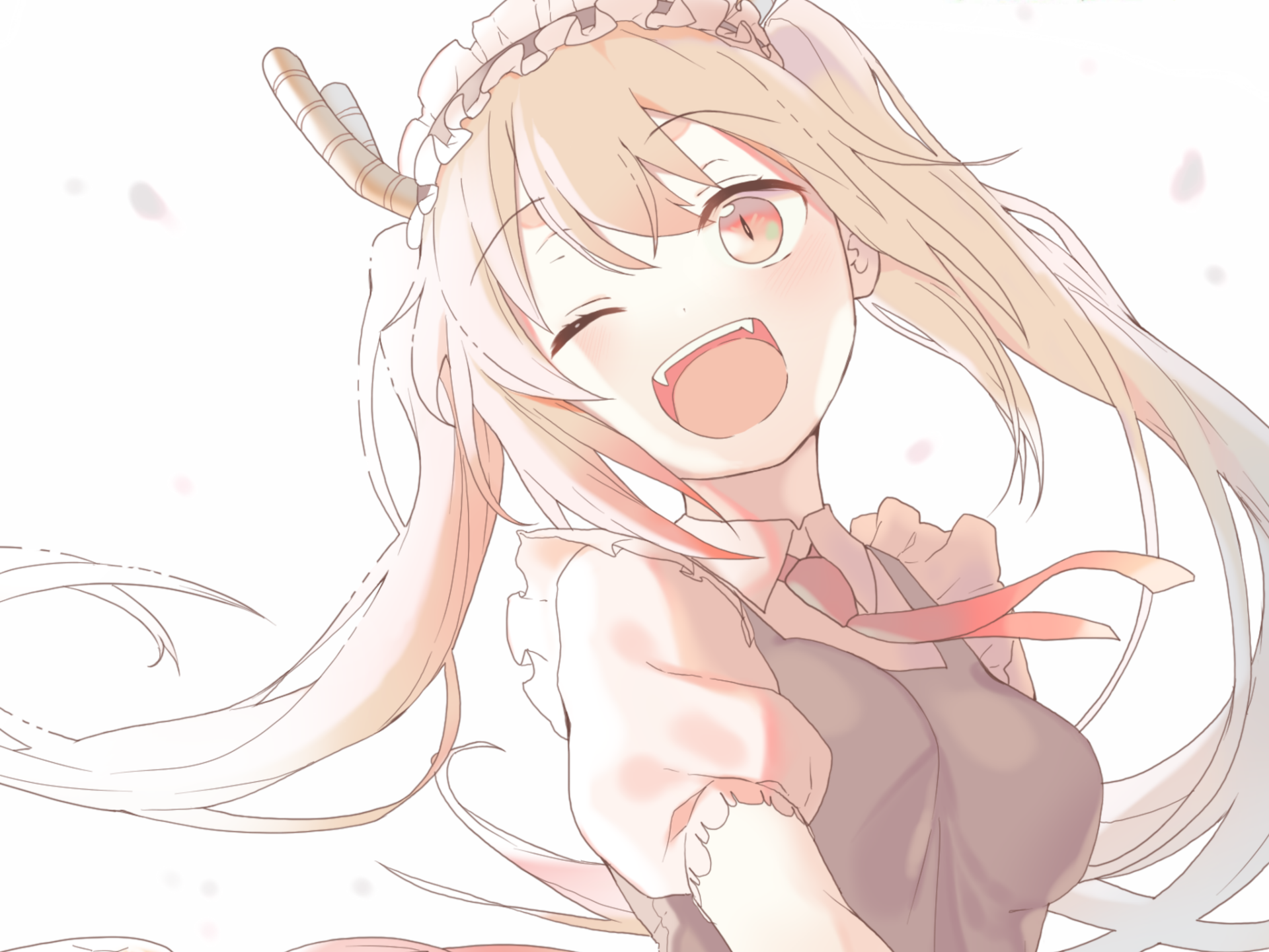 HD wallpaper featuring Tohru from Miss Kobayashi's Dragon Maid anime, smiling brightly with a wink and flowing hair. Suitable as a vibrant desktop background.