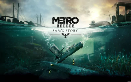 4K Ultra HD Metro Exodus Sam's Story wallpaper depicting a submerged locomotive in a post-apocalyptic setting, blending water and sky with a dramatic, moody atmosphere.