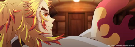 HD PC desktop wallpaper featuring Kyojuro Rengoku from the anime Demon Slayer: Kimetsu no Yaiba, showcasing vibrant colors and detailed animation style.