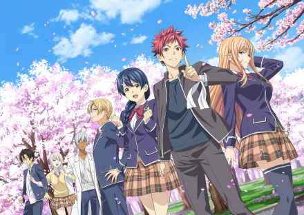 HD anime wallpaper featuring Akira Hayama, Ryō Kurokiba, Alice Nakiri, Takumi Aldini, Megumi Tadokoro, Sōma Yukihira, and Erina Nakiri from Food Wars: Shokugeki no Soma under cherry blossoms.
