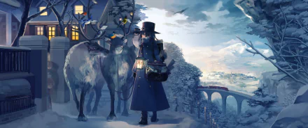 Anime winter scene featuring a lantern-holding character beside reindeer in a snowy landscape. Background includes a house with glowing windows and a train crossing a distant bridge. HD desktop wallpaper.
