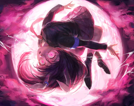 Reisen Udongein Inaba upside-down in a swirling pink vortex, glowing red eyes, long dark hair and rabbit ears — anime Touhou 2K Quad HD PC desktop wallpaper/background.