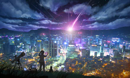 A sci-fi cityscape at night with futuristic buildings, a telescope, and a cat observing a bright celestial event, rendered as an HD PC desktop wallpaper background.